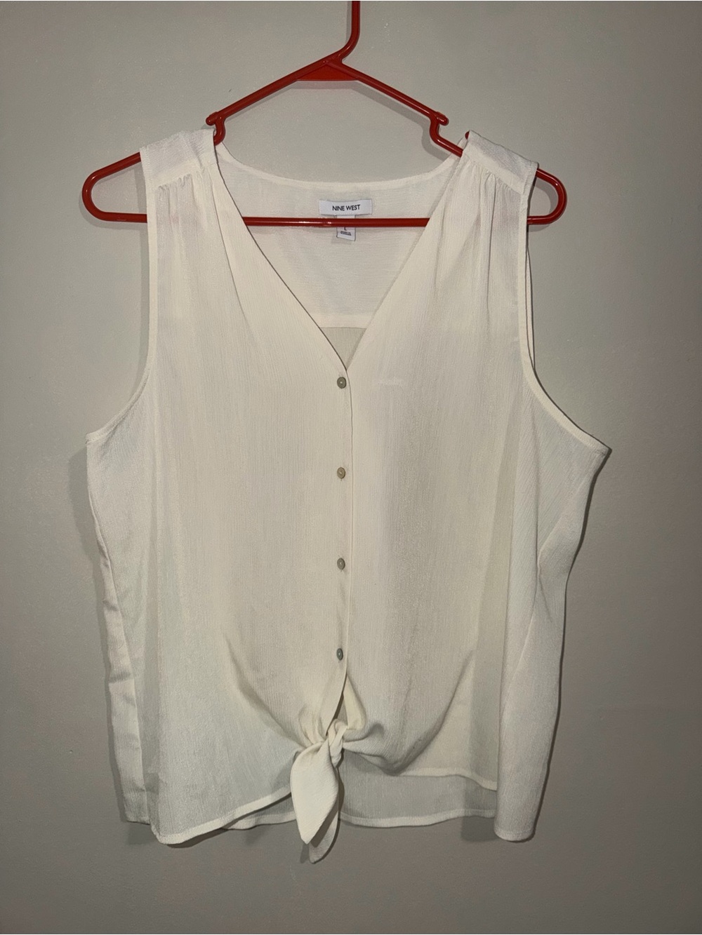 Nine West Women’s Large White Sleeveless Button Front Tie Hem Blouse
